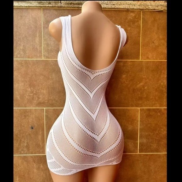 White Fishnet Cut Out Fishnet Bodycon Dress Beach Cover Up - Picture 2 of 7